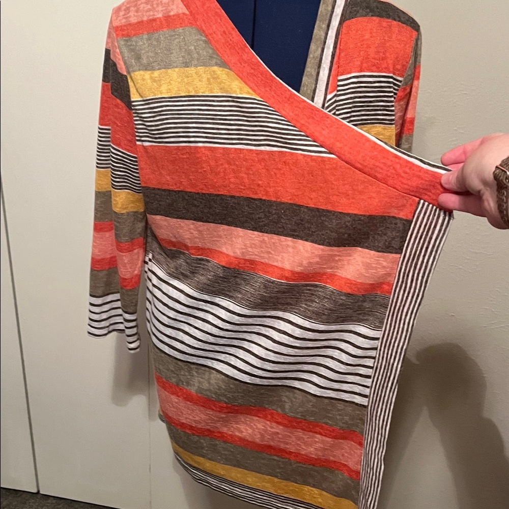 Dearcase Flamingo Sweater 3/4 Waterfall Cardigan Orange Gray Yellow Stripe Sz XL - Picture 6 of 13